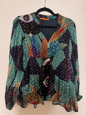 Oliphant MANDARIN BALLOON TOP Boho Teal & Multicolor V-Neck Long Sleeve Blouse